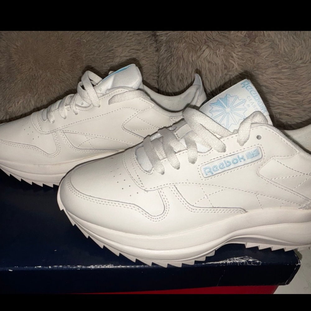 Reebok White Low-Top Leather Sneakers with Light Blue Accents